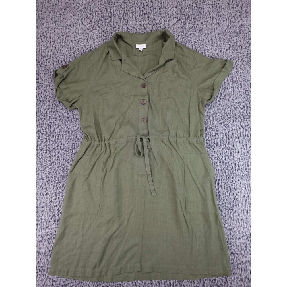 J.Jill Linen Blend Shirt Dress Womens XL Green Utility Safari Button Front‎